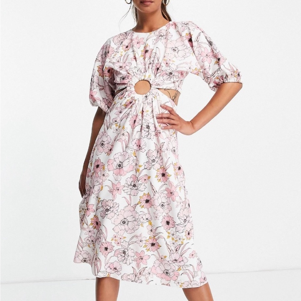 ASOS Pink Floral Midi Dress with Cut-Out